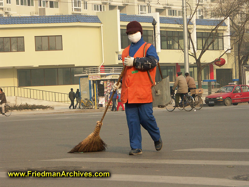 china,SARS,mask,clean,street,worker,orange,broom,