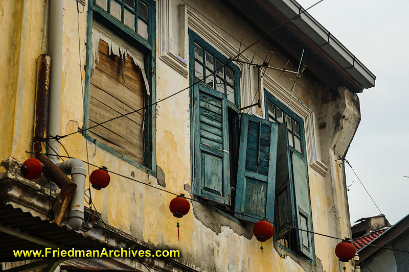 urban decay,malaysia,chinatown,old,city,downtown,color,turquoise,yellow,shutters,
