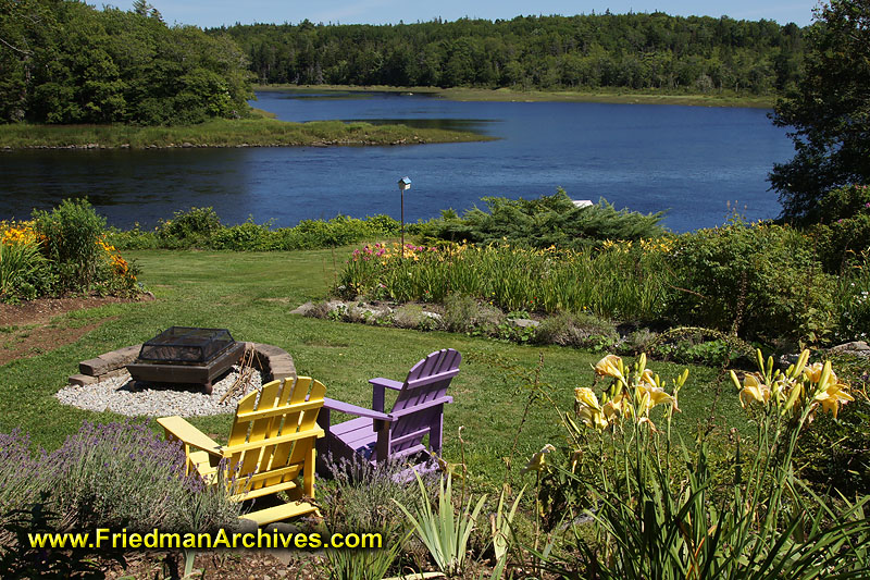 landscaping,river,chairs,yellow,purple,peaceful,landscape,grass,flowers,