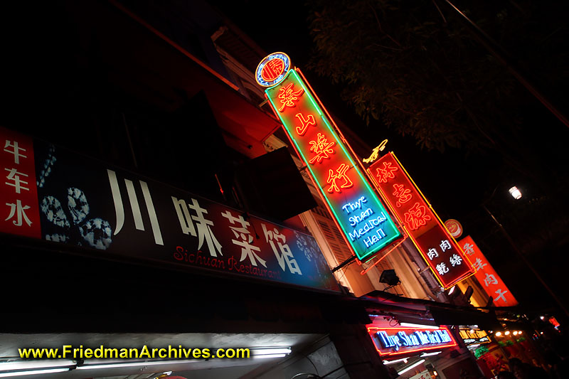 restaurant,chinatown,chinese,signs,neon,lights,colors,nighttime,street,nightlife,singapore,