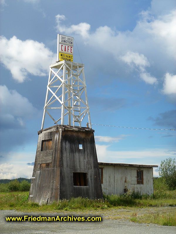 desert,alaska,nowhere,cafe,restaurant,sign,structure,clouds,blue,sky,shack,abandoned,