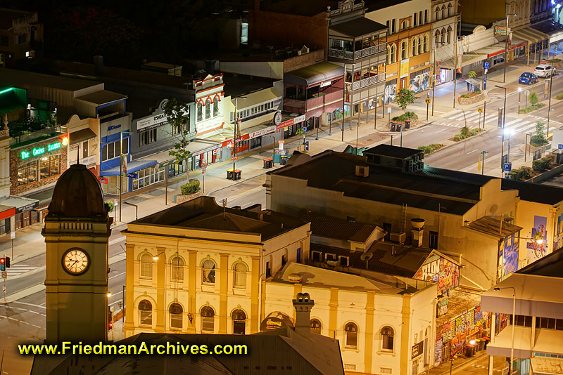 australia,townsville,west coast,night,clock,tower,street,night,main street,