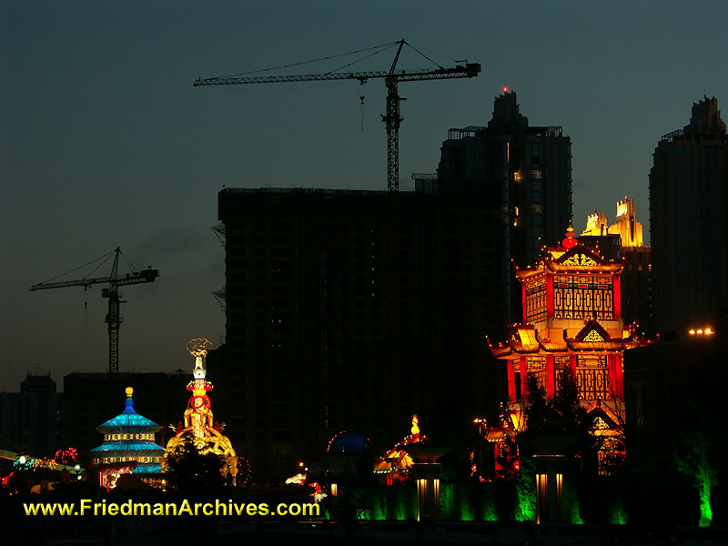 architecture,china,construction,facade,light,silhouette,crane,dusk,