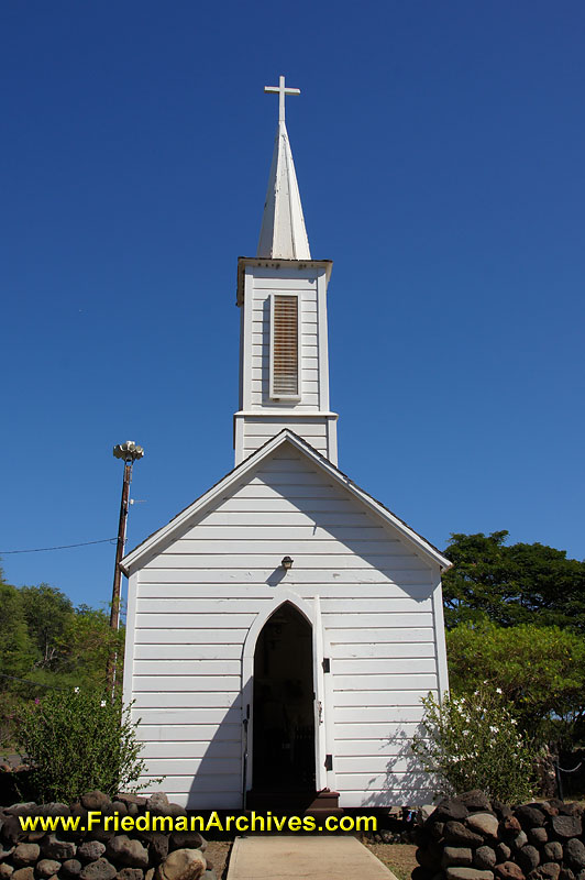 colony,leper,hawaii,church,chapel,steeple,blue,sky,white,tiny,congregation,