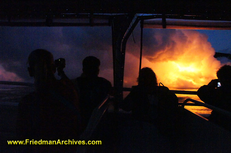 tourist,tourism,lava,volcano,ocean,water,boat,ride,smoke,orange,blue,silhouette,