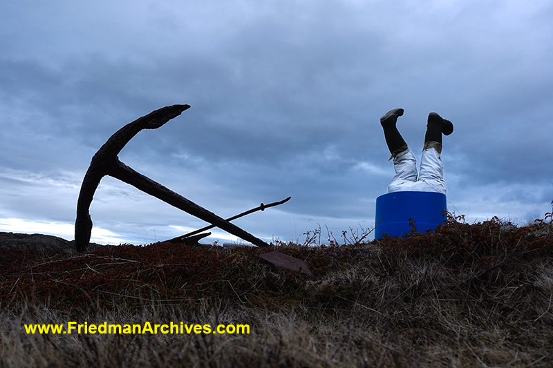 fisherman,humor,fishing,art,statue,sculpture,anchor,boots,trashcan,trash,can,