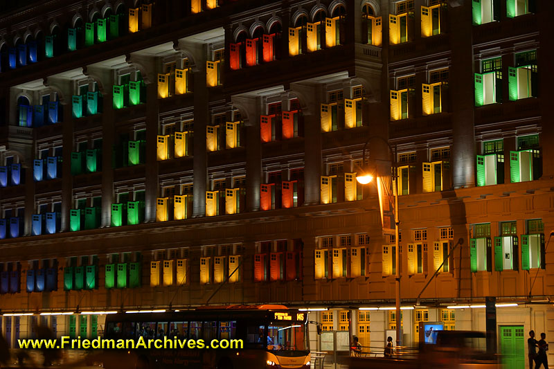 architecture,building,artwork,shutters,windows,colorful,singapore,nighttime,hotel,