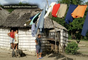 2 women a husband pigs and a white thatched house