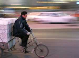 Delivery bike at dusk.